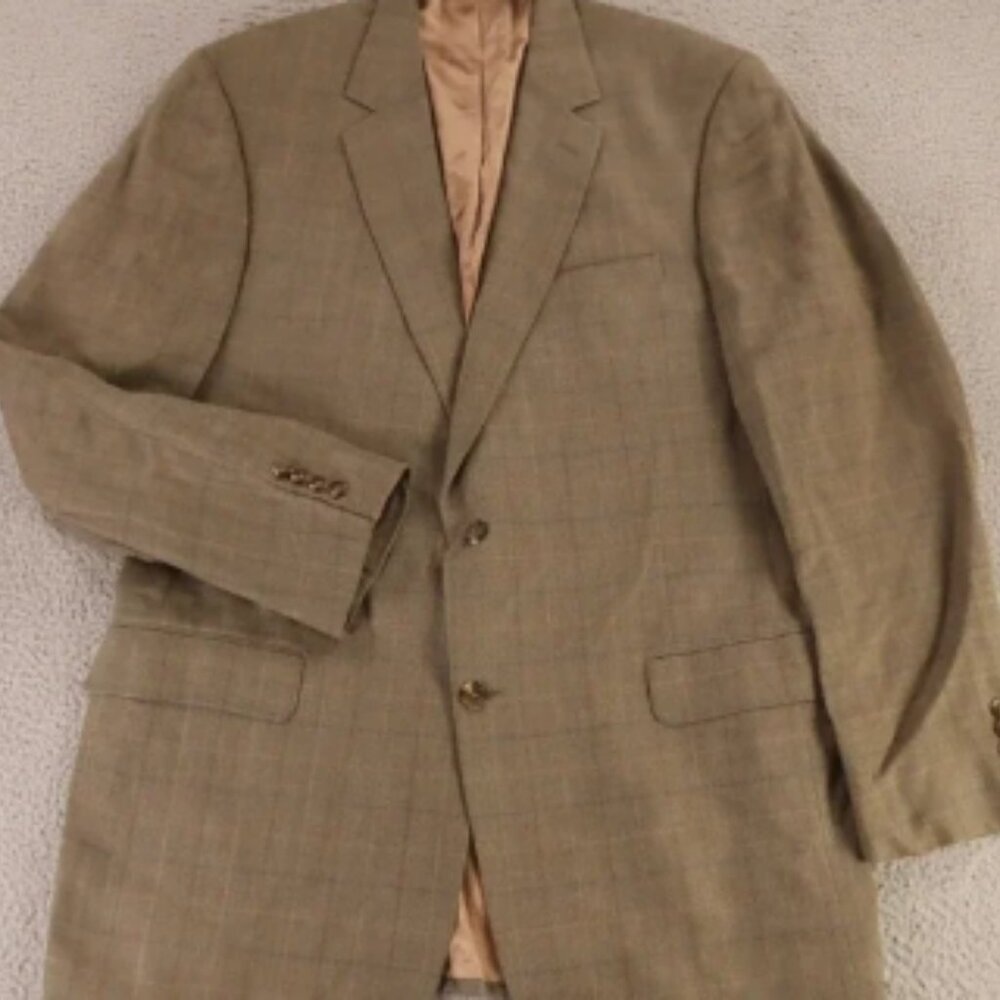 Hopsack Jacket L Brown Windowpane Check Silk Wool Blazer Sport Coat 44XL 44L
